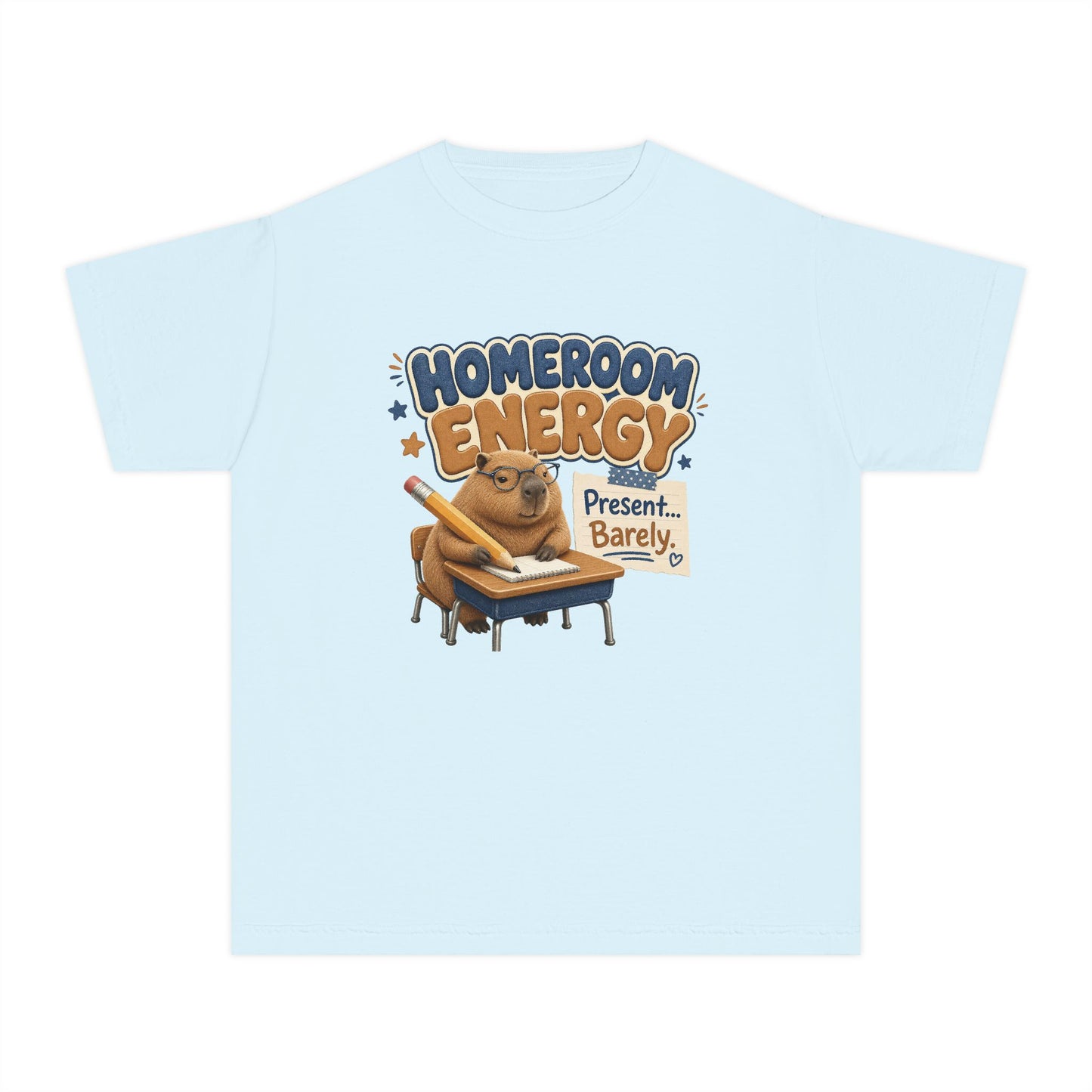 Homeroom Energy Sloth on Desk Youth Tee | Funny School Illustration