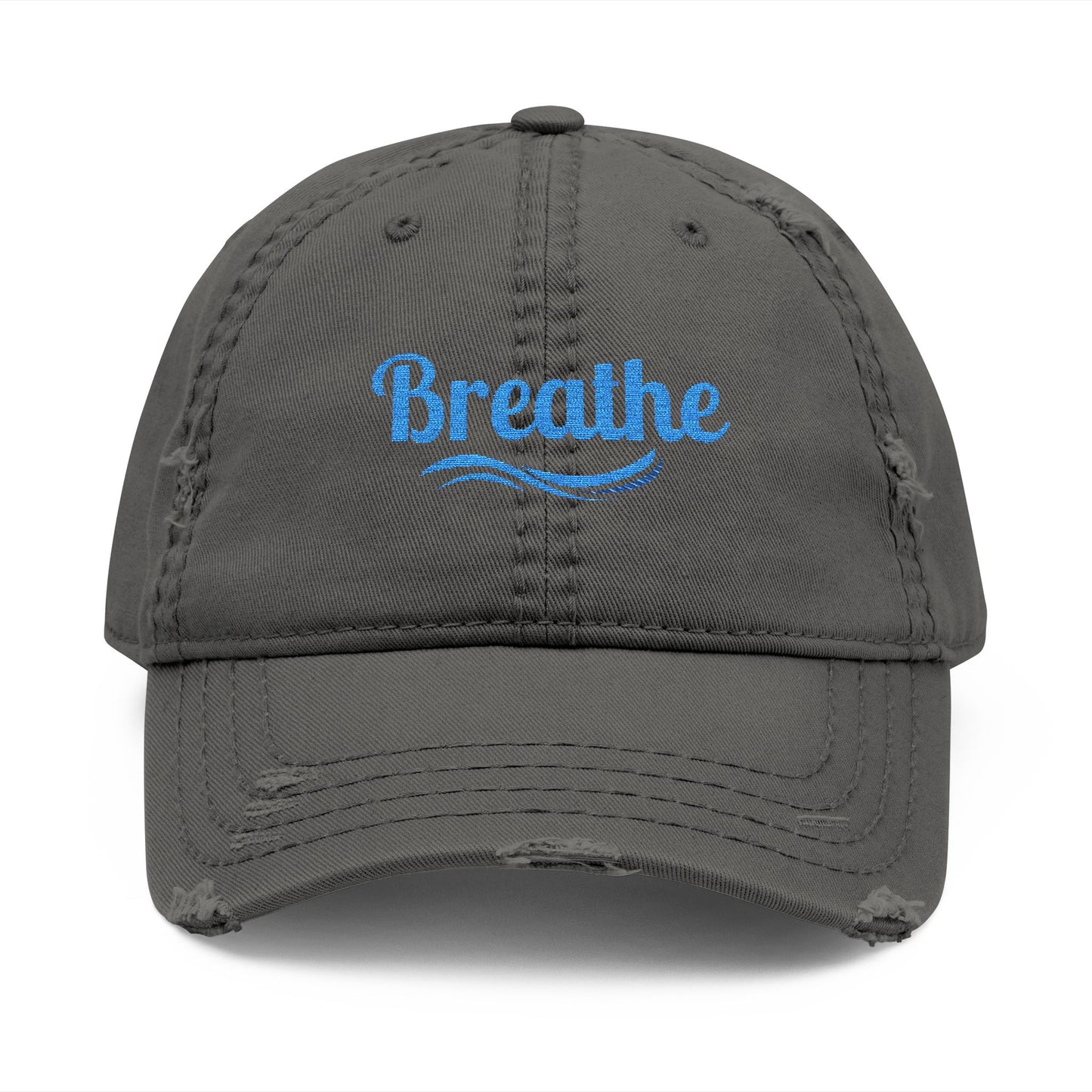 Embroidered "Breathe" Distressed Hat, Mental Health Motivation, Unisex Baseball Cap, Distressed Design, Breathable Headwear