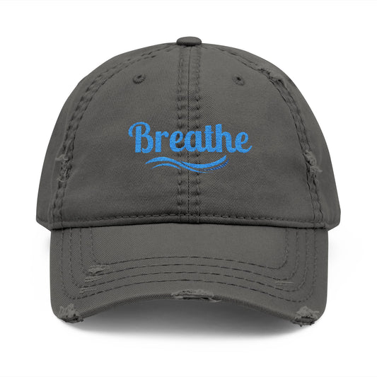 Embroidered "Breathe" Distressed Hat, Mental Health Motivation, Unisex Baseball Cap, Distressed Design, Breathable Headwear