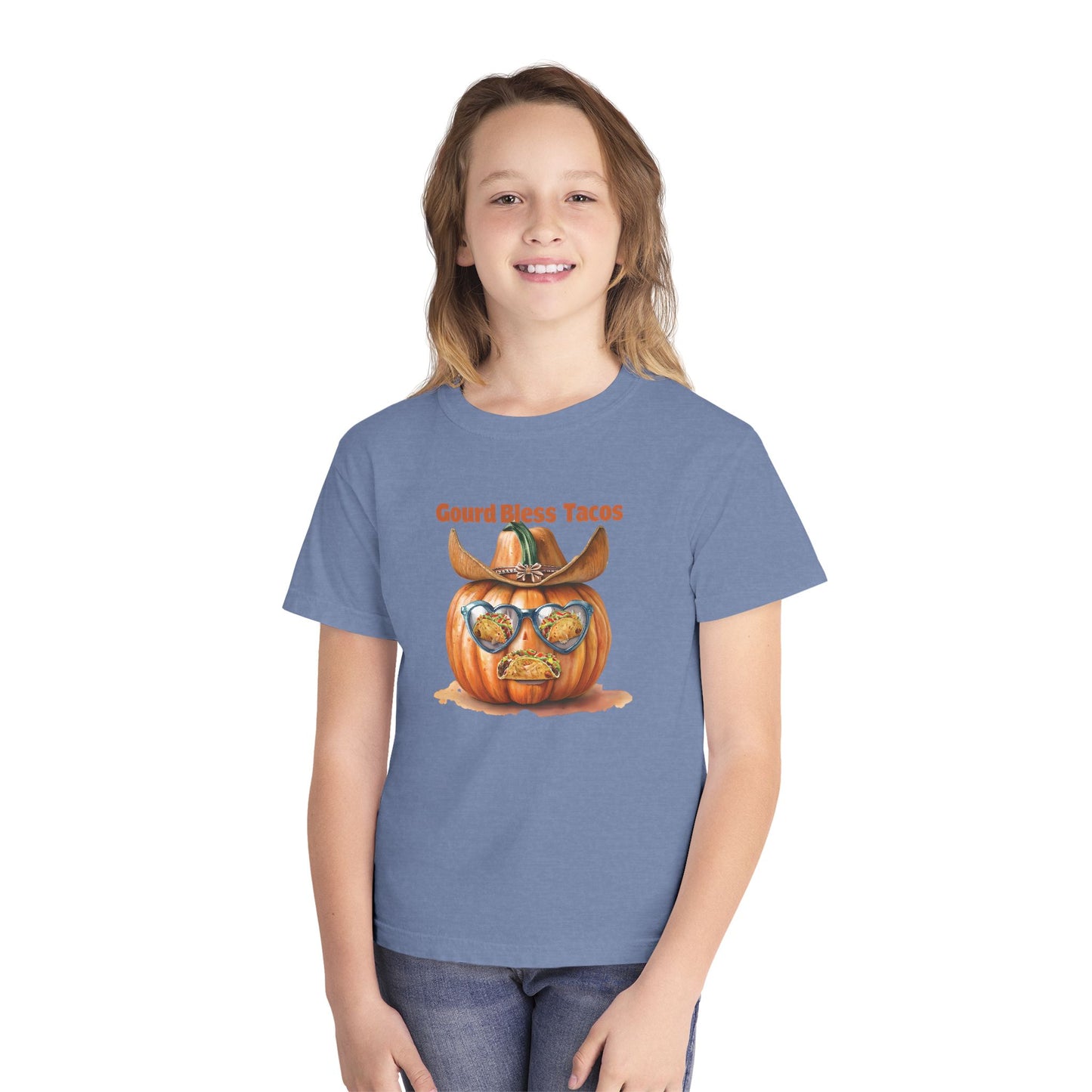 Whimsical Fall Youth Tee - Gourd Bless Tacos, Halloween Shirt, Kids Autumn Apparel, Thanksgiving Humor Top, Funny Seasonal Gift