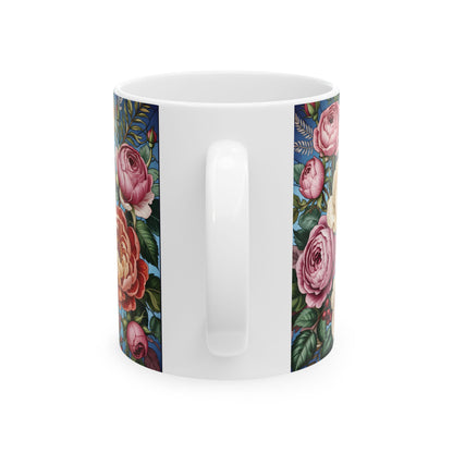 Vintage Rose Floral Pattern Mug | Ceramic Coffee Cup, Botanical Peonies