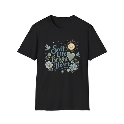 Soft Life Bright Heart T-Shirt | sun, doves, floral graphic