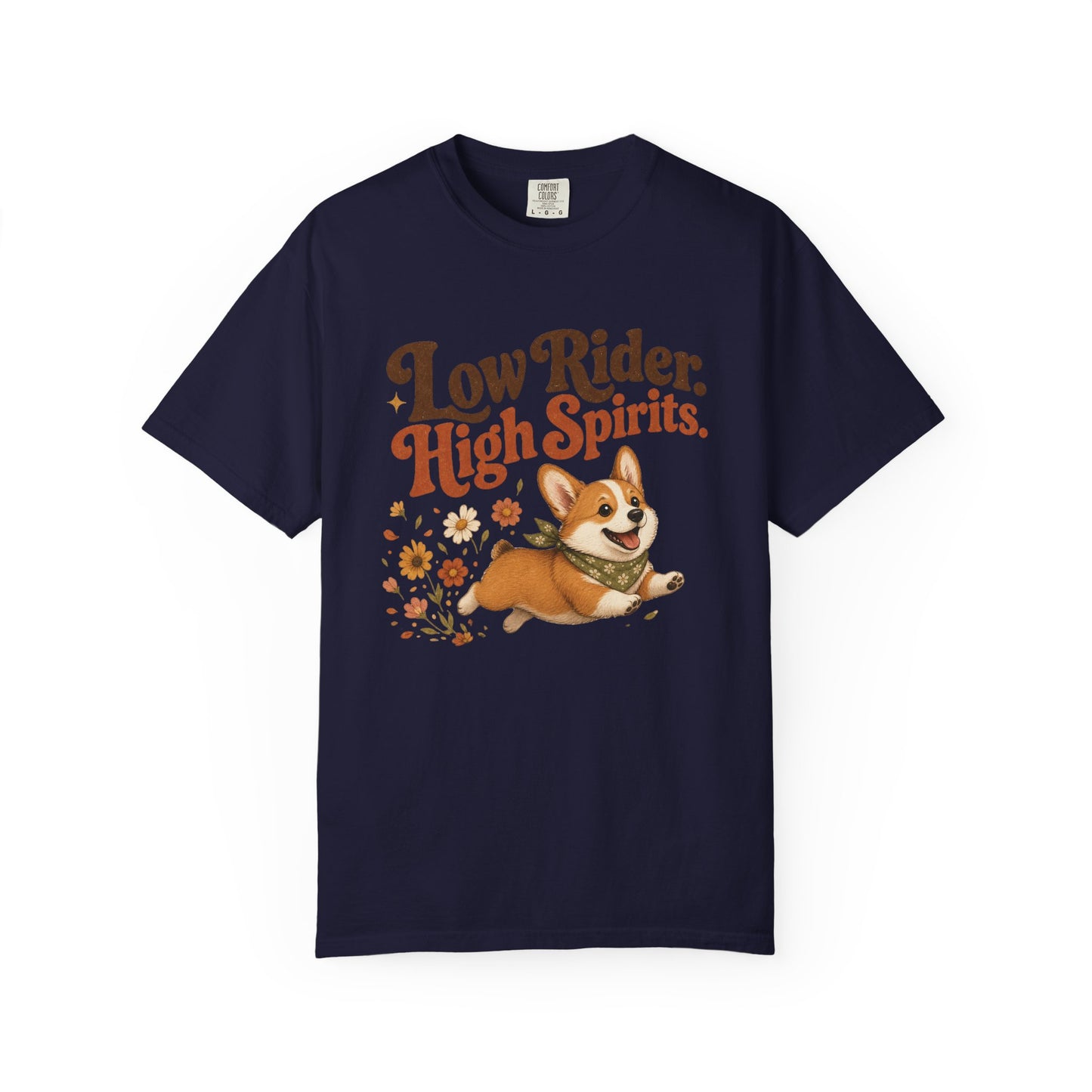 Low Rider High Spirits Corgi T-Shirt | Running Corgi Illustration, Autumn Leaves