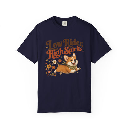 Low Rider High Spirits Corgi T-Shirt | Running Corgi Illustration, Autumn Leaves