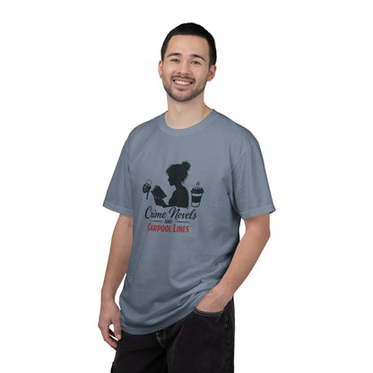 Crime Novels and Carpool Lines T-shirt | Reading Mom Silhouette, Coffee Graphic
