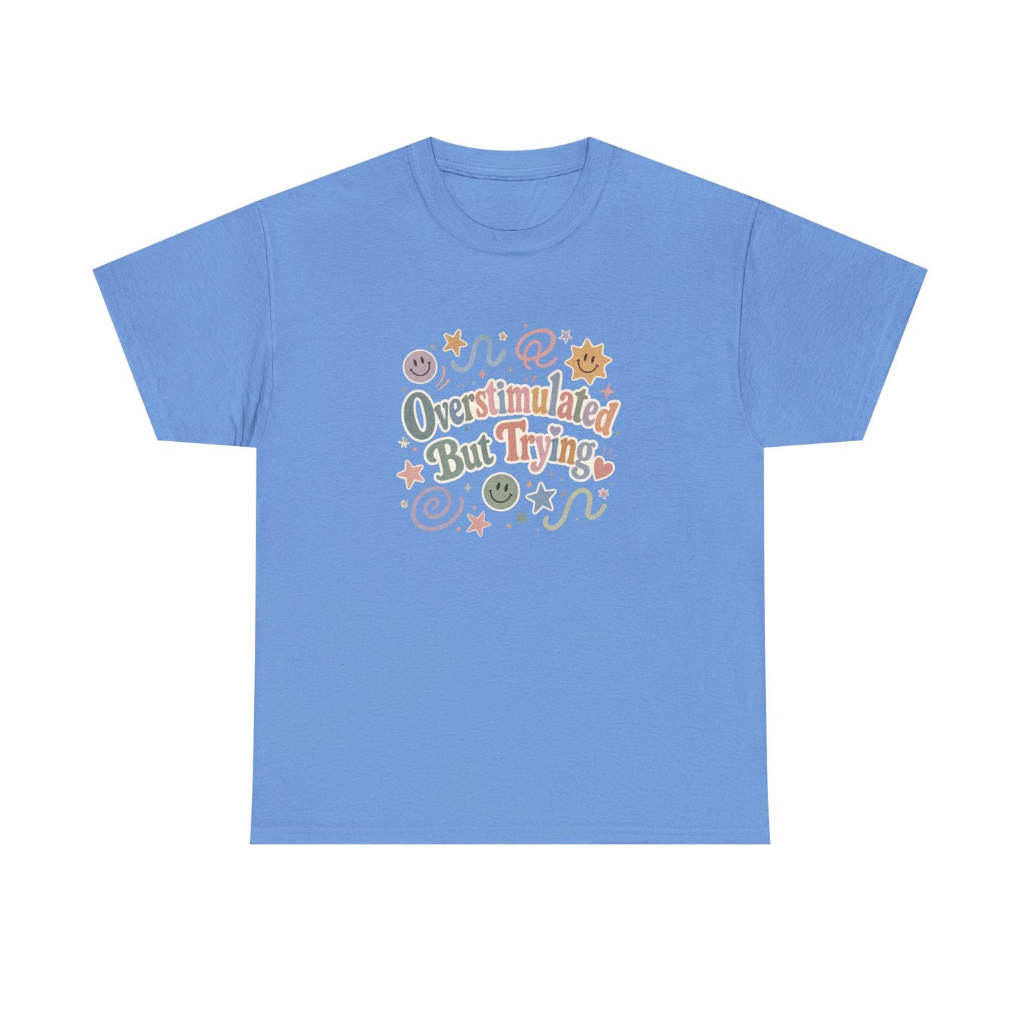 Overstimulated But Trying tee | Funny Mental Health Shirt, Cute Retro Doodles