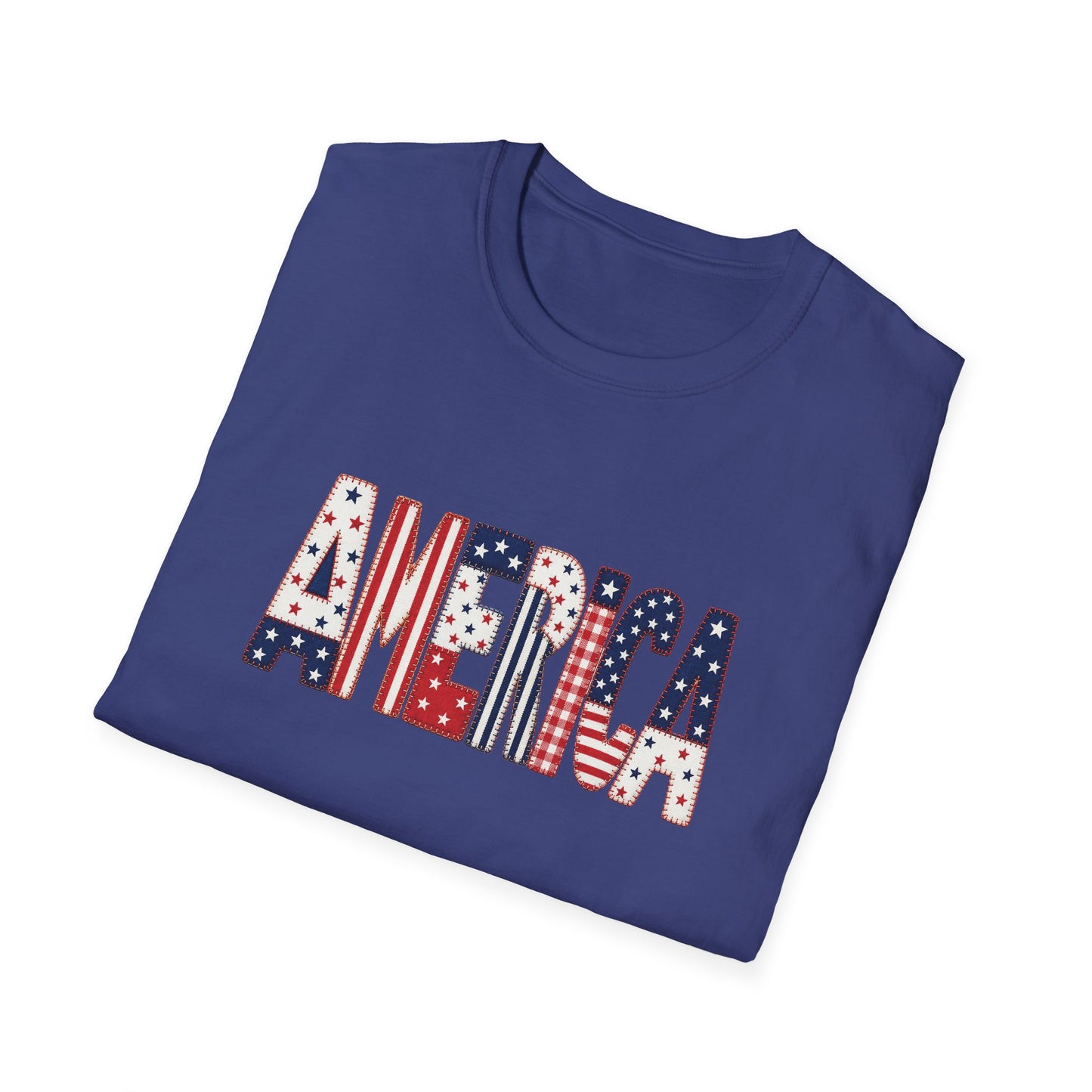 American Flag Patchwork Style Letters T-Shirt | Patriotic Fourth of July Tee