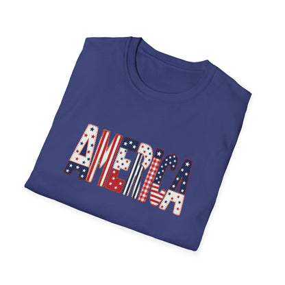 American Flag Patchwork Style Letters T-Shirt | Patriotic Fourth of July Tee