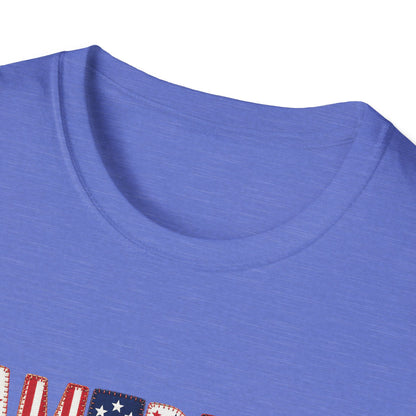 American Flag Patchwork Style Letters T-Shirt | Patriotic Fourth of July Tee