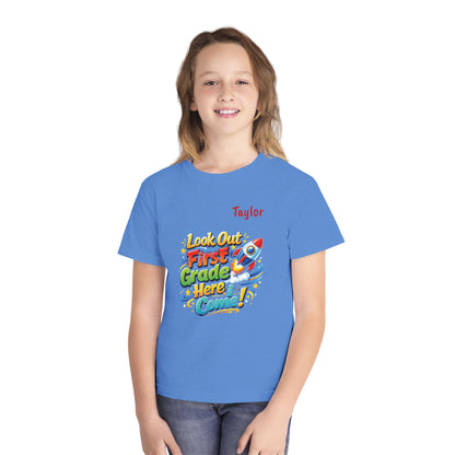 First Grade Here I Come Youth Tee | Rocket Back to School Shirt