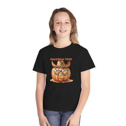 Whimsical Fall Youth Tee - Gourd Bless Tacos, Halloween Shirt, Kids Autumn Apparel, Thanksgiving Humor Top, Funny Seasonal Gift