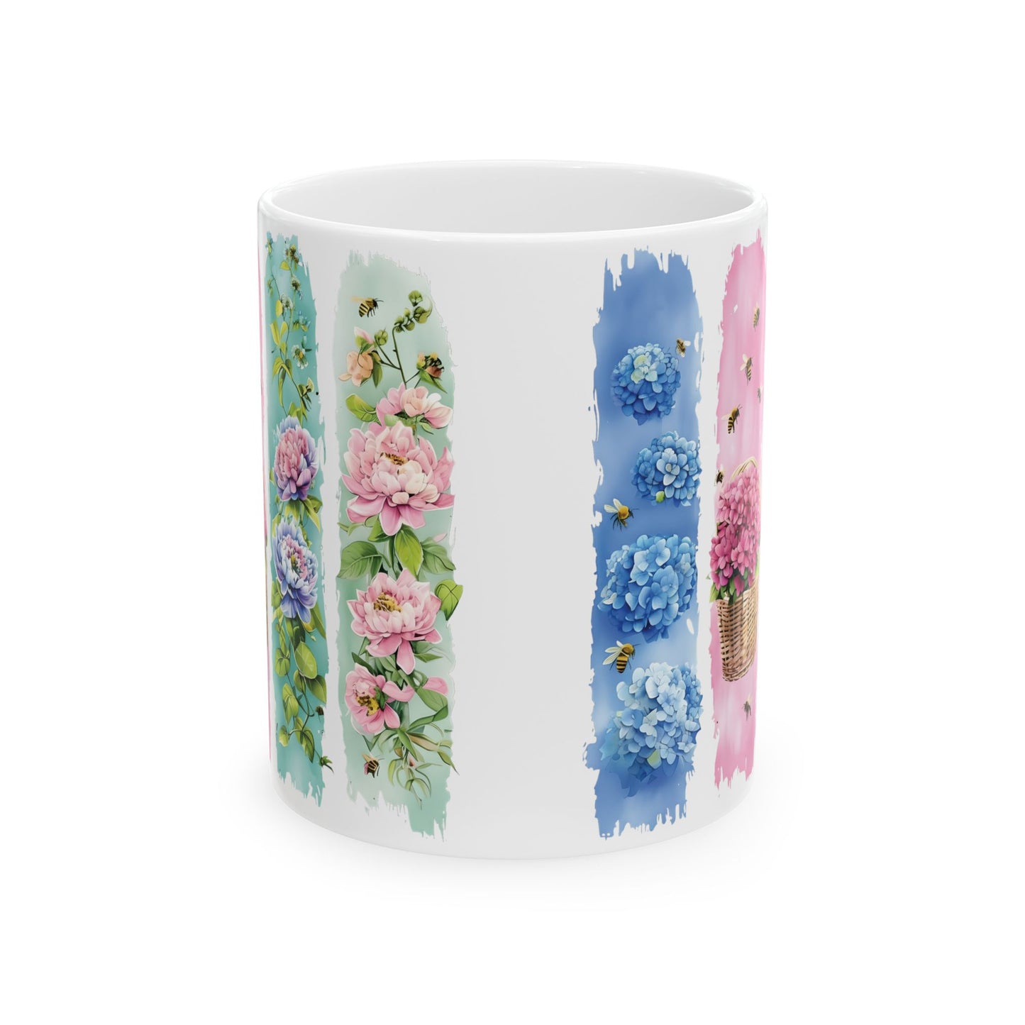 Watercolor Floral Strips Mug | Pink Peonies Blue Hydrangea Ceramic Mug