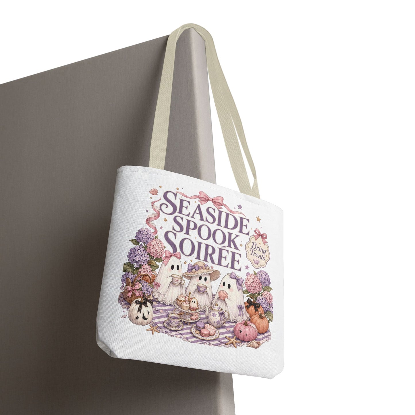 Seaside Spook Soiree Tote Bag | Halloween Ghost Picnic Illustration