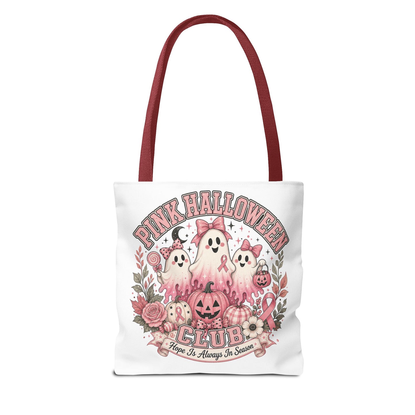 Breast Cancer Awareness Pink Halloween Club ghost trio tote bag | spooky floral pumpkin design