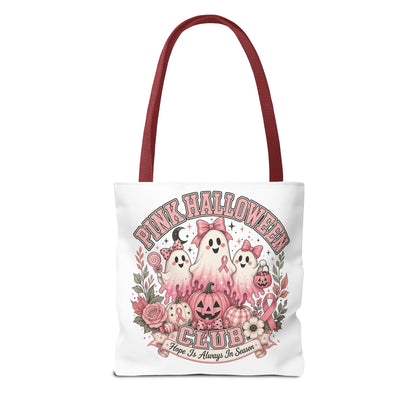 Breast Cancer Awareness Pink Halloween Club ghost trio tote bag | spooky floral pumpkin design