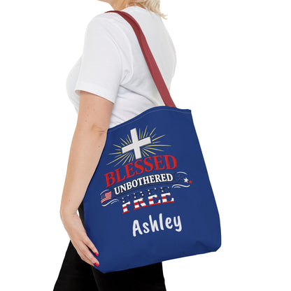 Blessed Unbothered Free Cross tote bag | patriotic faith design