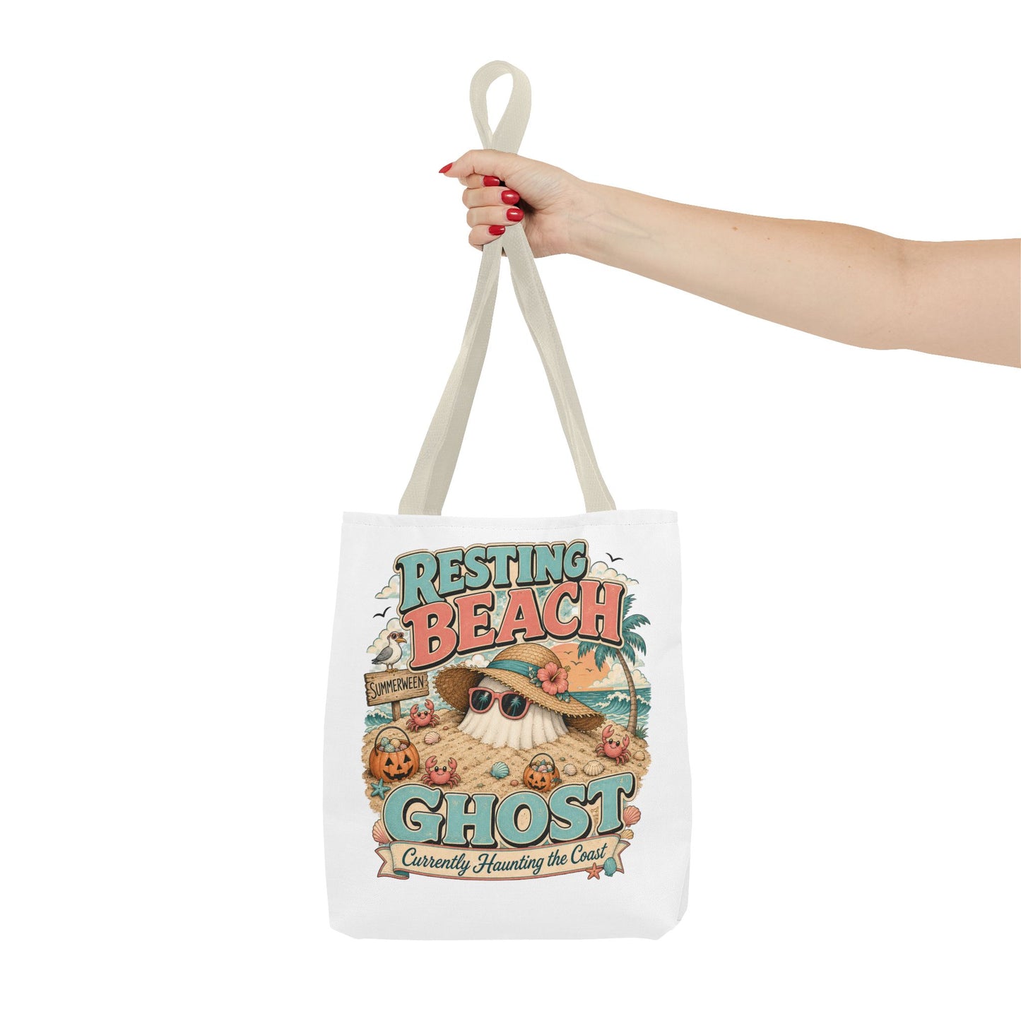 Resting Beach Ghost Tote Bag | Cute Halloween Beach Ghost Illustration