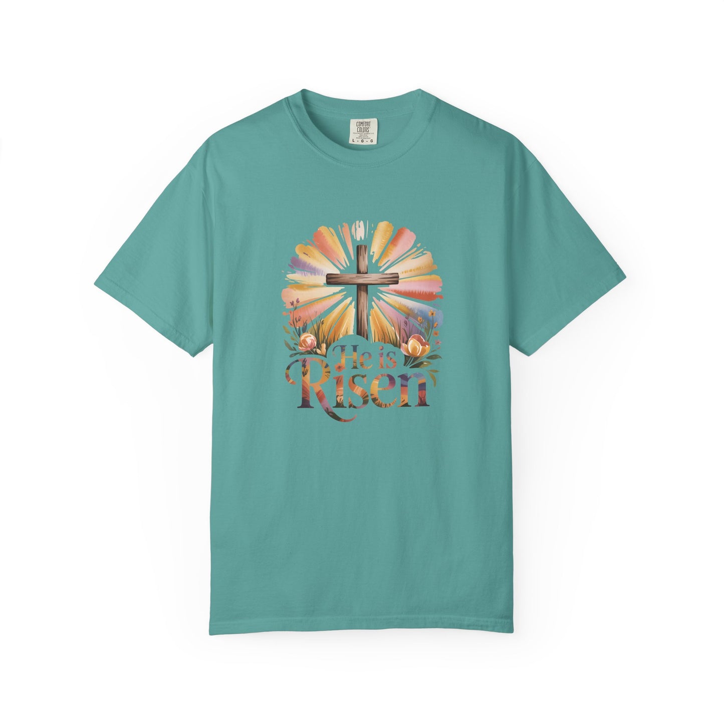 He Is Risen cross sunrise design T-Shirt | Easter faith floral