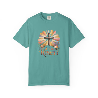 He Is Risen cross sunrise design T-Shirt | Easter faith floral