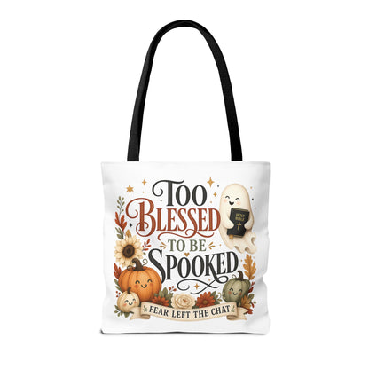 Too Blessed to Be Spooked Tote Bag | Halloween Pumpkin Ghost Fall Leaves