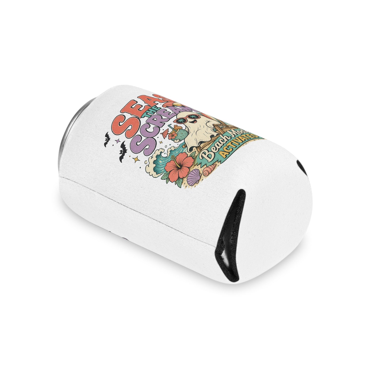 Seas the Scream ghost beach scene Can Cooler | Beach Mode Activated, Tropical Flowers