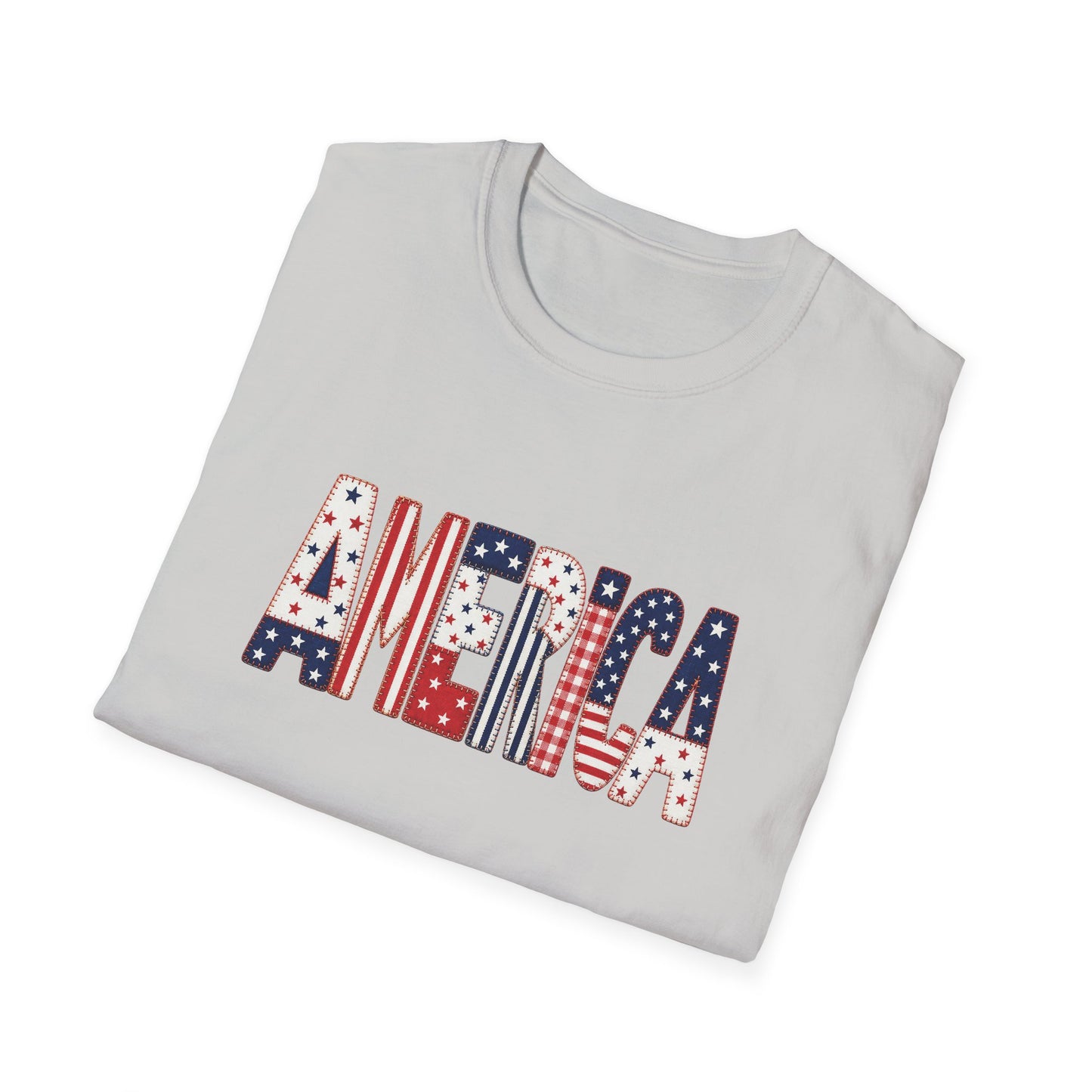 American Flag Patchwork Style Letters T-Shirt | Patriotic Fourth of July Tee