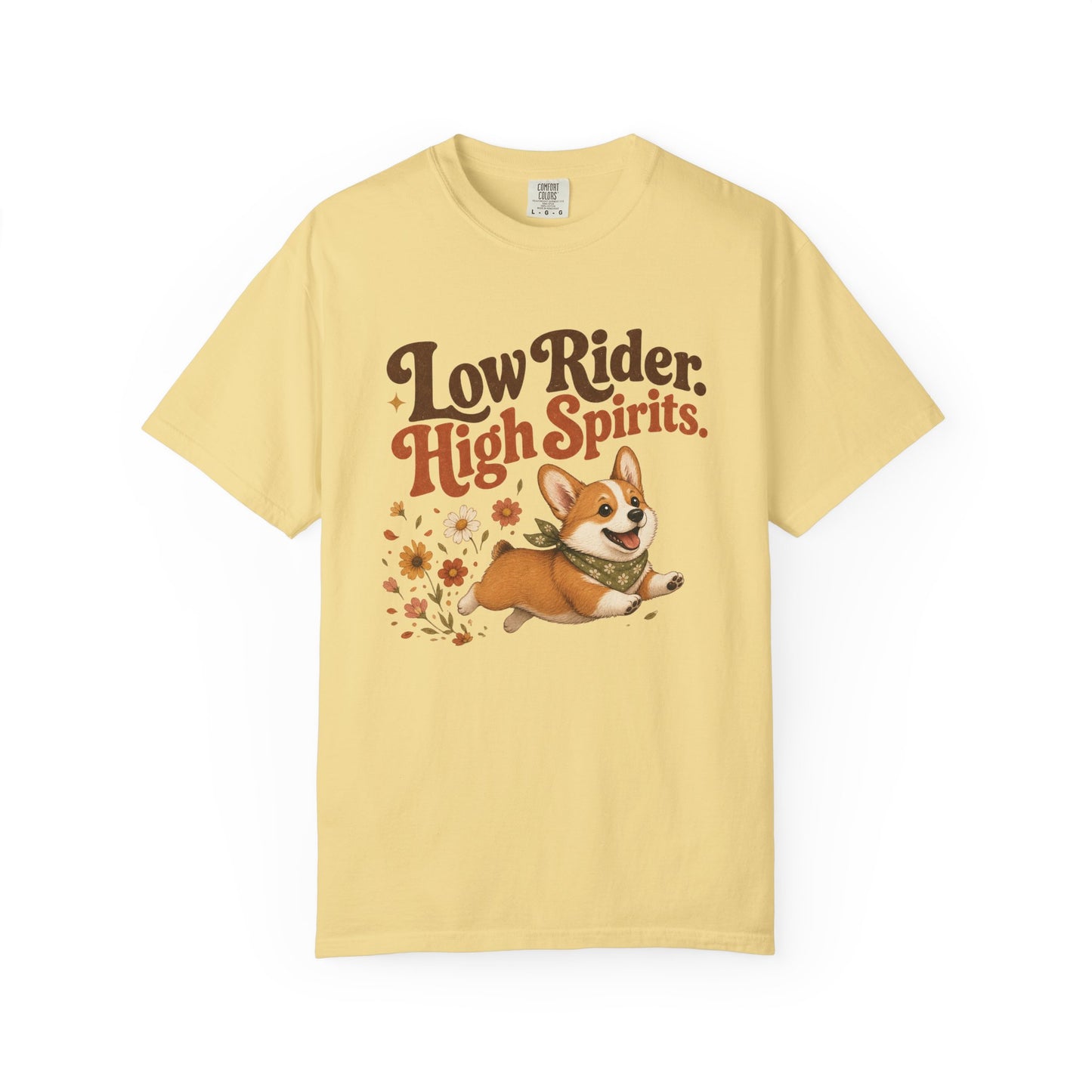 Low Rider High Spirits Corgi T-Shirt | Running Corgi Illustration, Autumn Leaves
