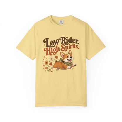 Low Rider High Spirits Corgi T-Shirt | Running Corgi Illustration, Autumn Leaves