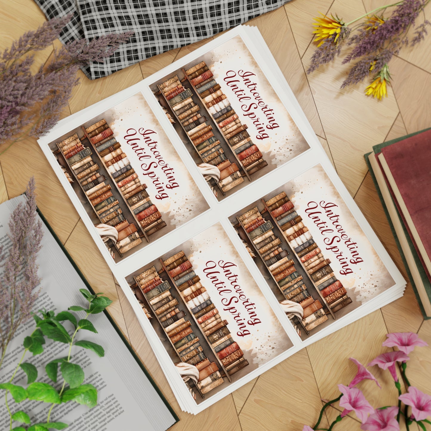 Introverting Until Spring Sticker Sheet | Vintage Bookshelf Booklover Sticker