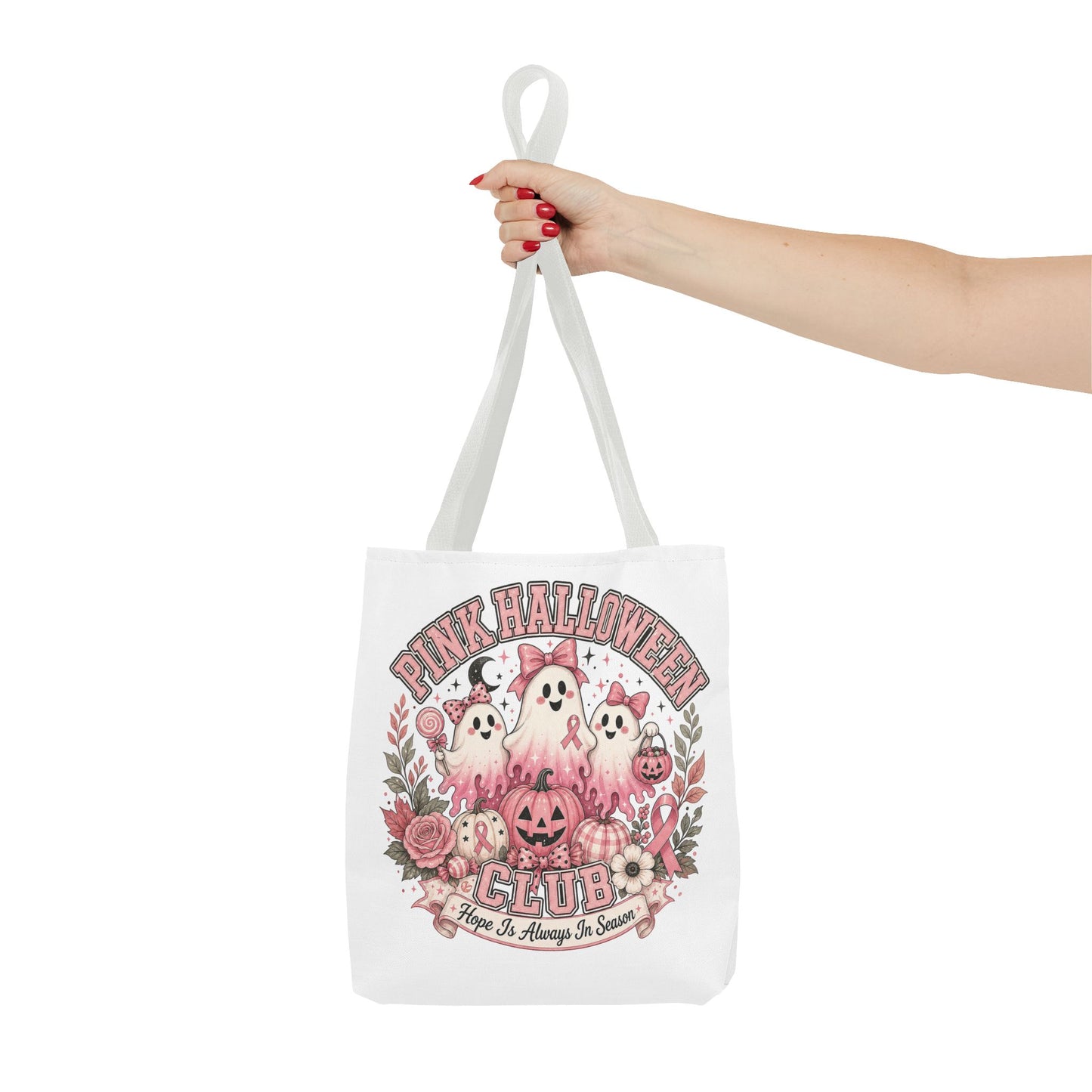 Breast Cancer Awareness Pink Halloween Club ghost trio tote bag | spooky floral pumpkin design