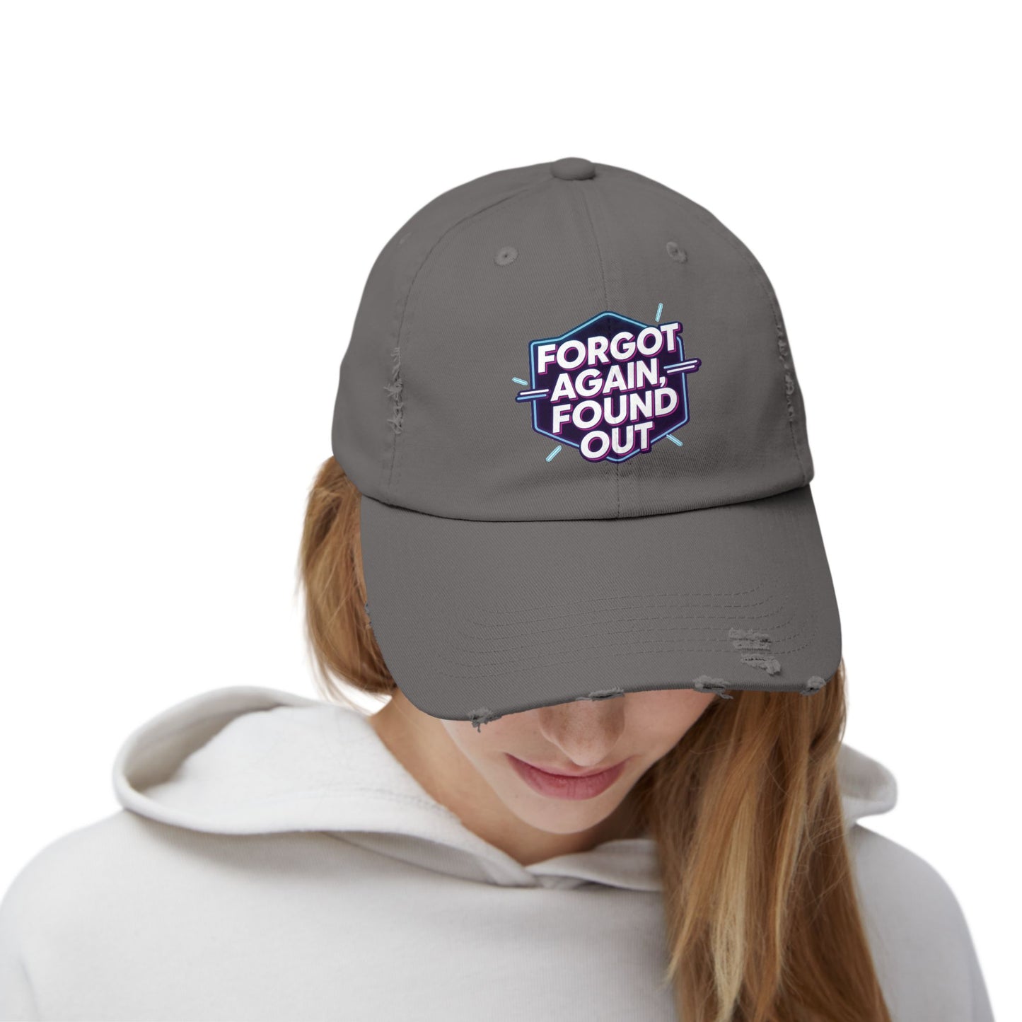 Unisex Distressed Cap with 'Forgot Again, Found Out' Design | Trendy Casual Hat | Gift for Friends | Summer Accessory | Everyday Wear