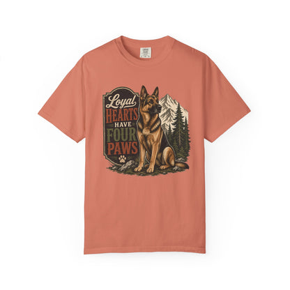 Loyal Hearts Have Four Paws German Shepherd T-shirt | Mountain Forest Dog Design