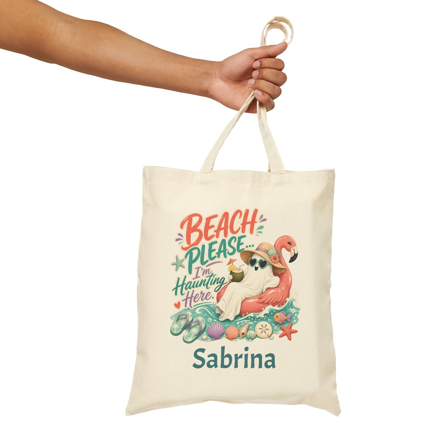 Beach Please Ghost Flamingo Tote Bag | Summer Beach Illustration, Personalized Option