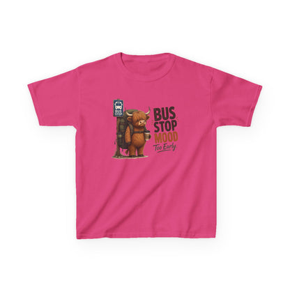 Bus Stop Mood Kids Tee | Grumpy Highland Cow Illustration, Funny Morning Shirt