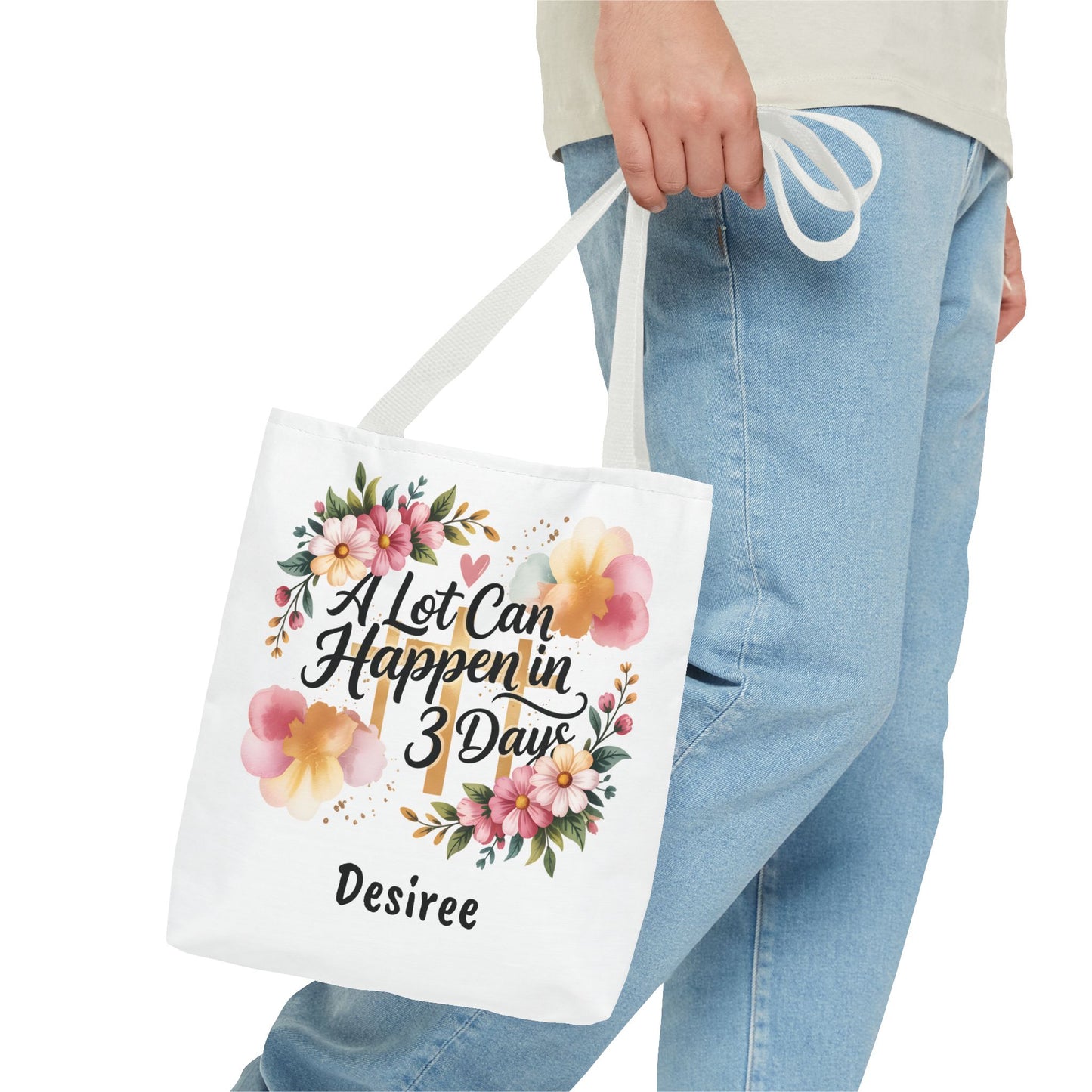 A Lot Can Happen in 3 Days Easter Faith Tote Bag | Floral Script Personalized Name