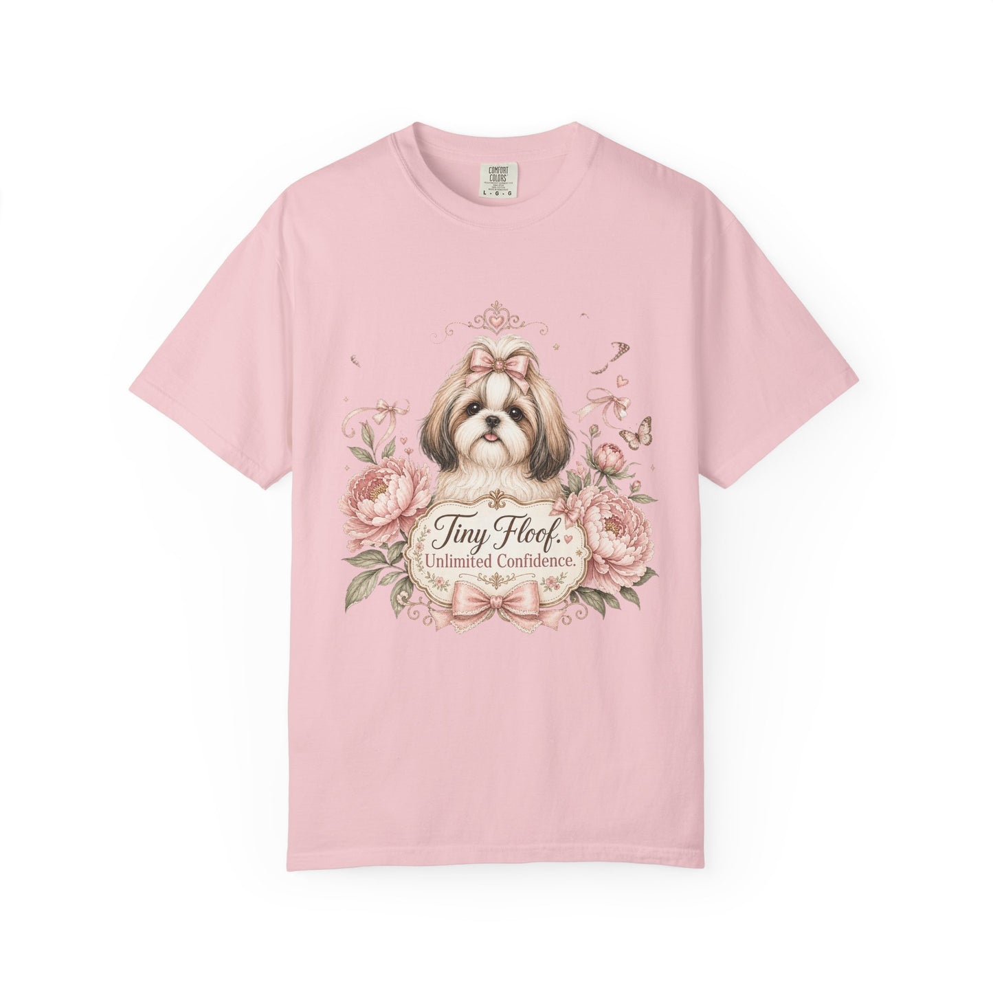 Shih Tzu Floral Portrait T-Shirt | Tiny Floof Illustration, Pink Roses