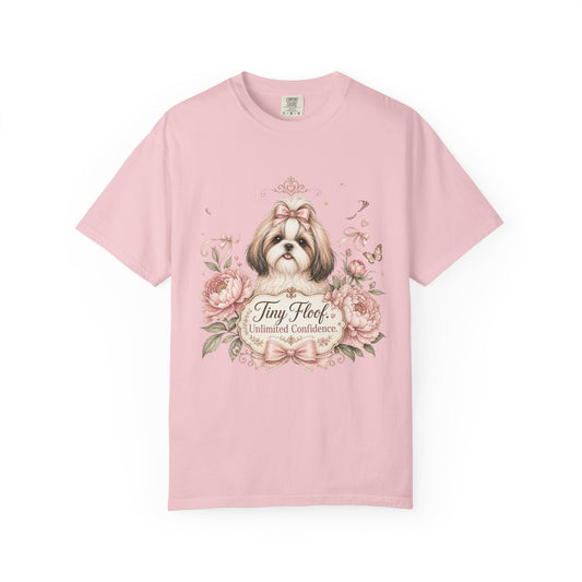 Shih Tzu Floral Portrait T-Shirt | Tiny Floof Illustration, Pink Roses
