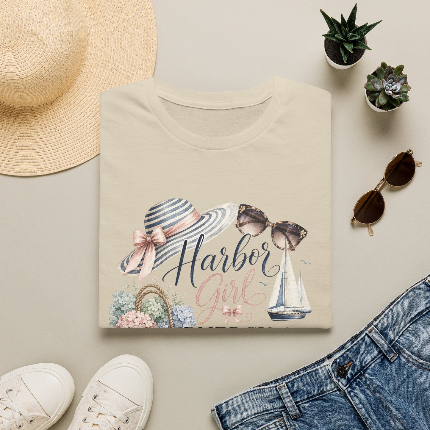 Harbor Girl illustration T-Shirt | Nautical hat, sailboat, seashells