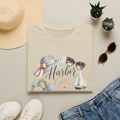Harbor Girl illustration T-Shirt | Nautical hat, sailboat, seashells