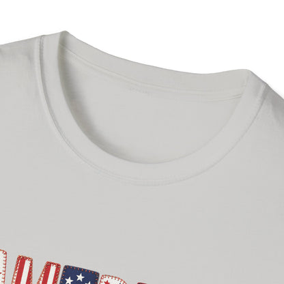 American Flag Patchwork Style Letters T-Shirt | Patriotic Fourth of July Tee