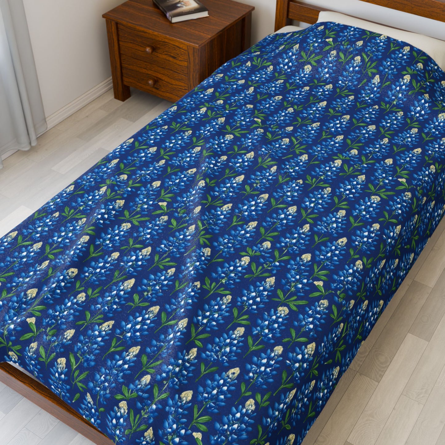 Velveteen Plush Blanket - Texas Bluebonnet Navy Blanket, Warm Cozy Throw, Home Decor Accent, Gift for Her, Floral Pattern Bedding, Soft Sofa