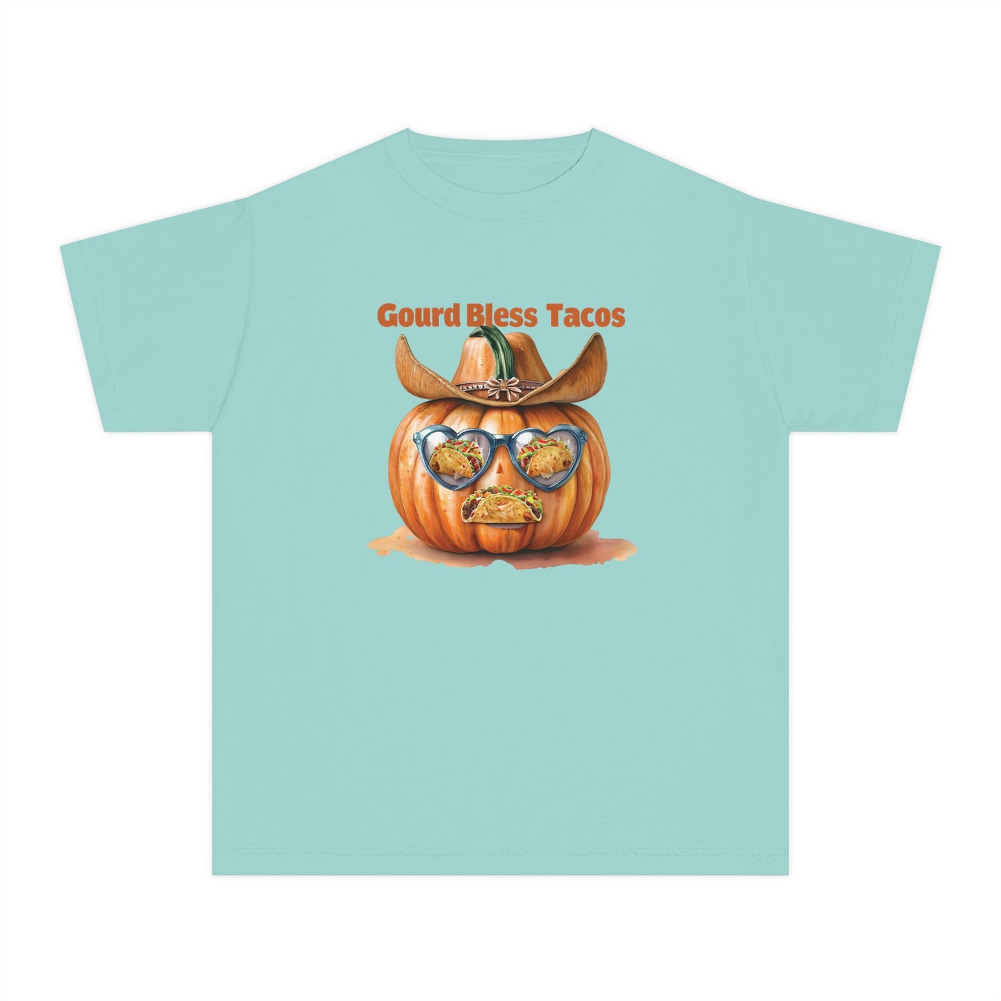 Whimsical Fall Youth Tee - Gourd Bless Tacos, Halloween Shirt, Kids Autumn Apparel, Thanksgiving Humor Top, Funny Seasonal Gift