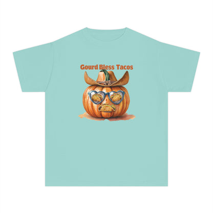 Whimsical Fall Youth Tee - Gourd Bless Tacos, Halloween Shirt, Kids Autumn Apparel, Thanksgiving Humor Top, Funny Seasonal Gift