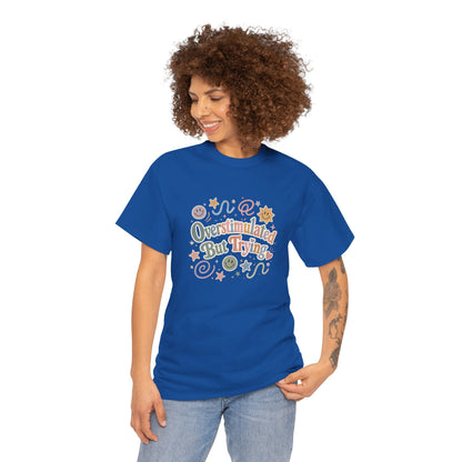 Overstimulated But Trying tee | Funny Mental Health Shirt, Cute Retro Doodles