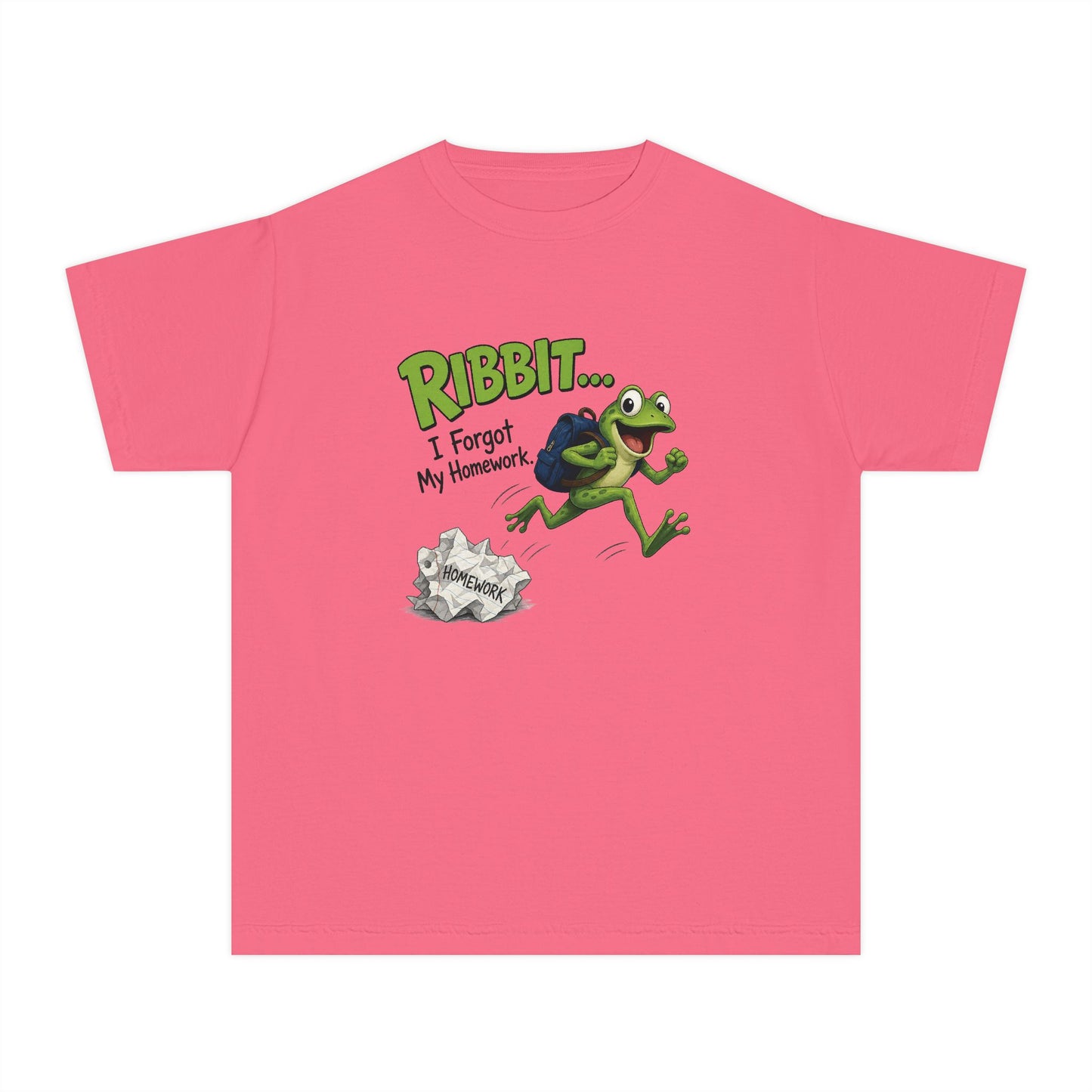 Ribbit Frog Character Youth Tee | Funny Forgot My Homework Design