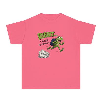Ribbit Frog Character Youth Tee | Funny Forgot My Homework Design