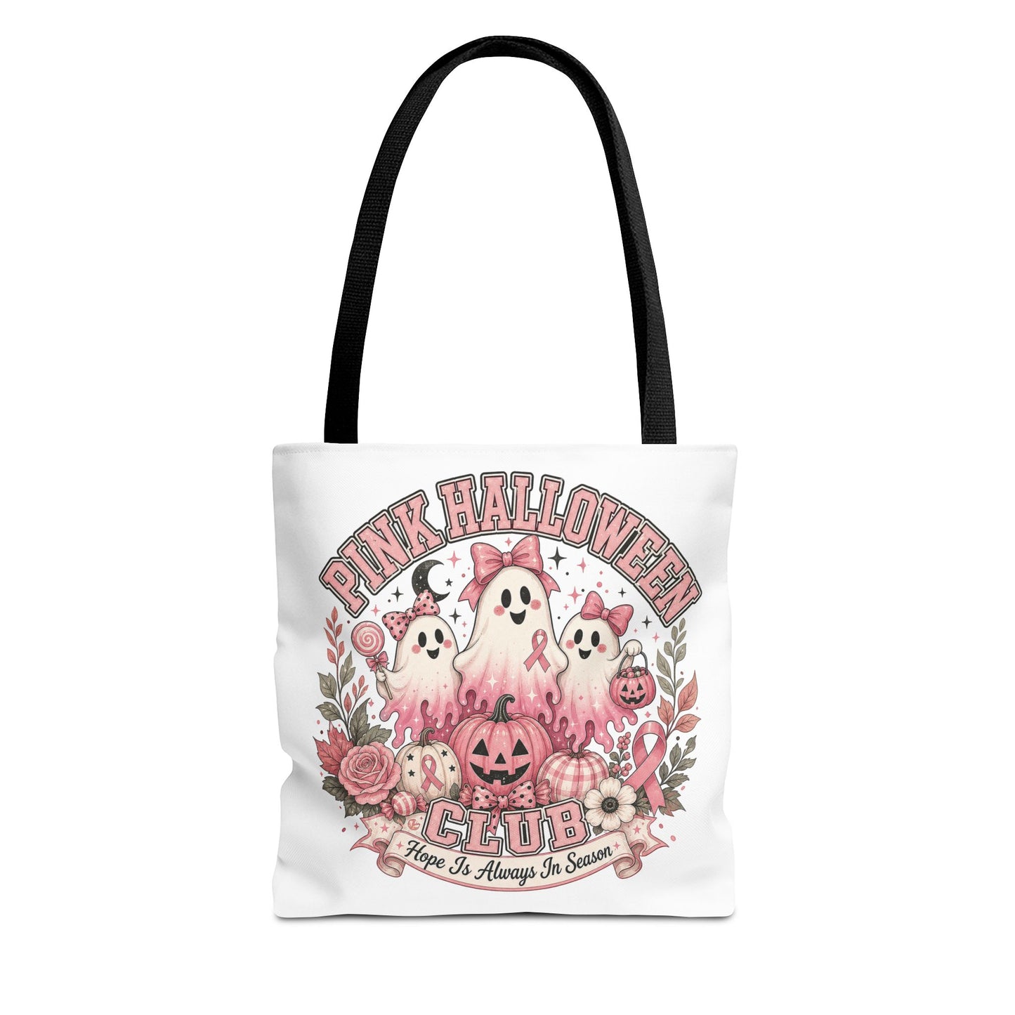 Breast Cancer Awareness Pink Halloween Club ghost trio tote bag | spooky floral pumpkin design