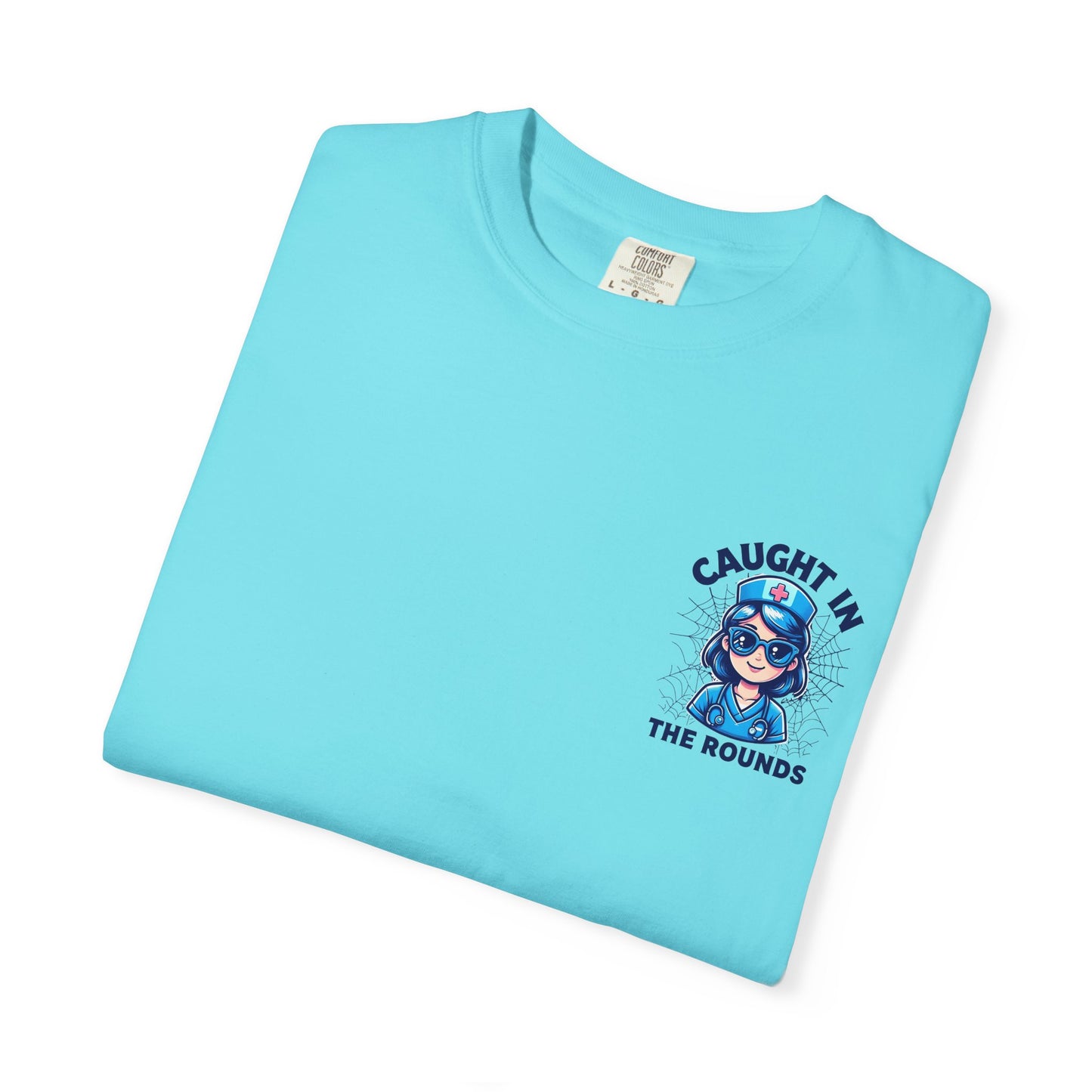 Unisex Graphic Tee - 'Caught in the Rounds', Casual Wear, Gift for Friends, Comfortable Everyday Tee, Fun Summer Shirt, Halloween Nurse