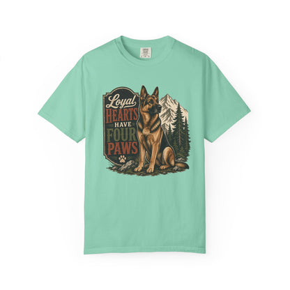 Loyal Hearts Have Four Paws German Shepherd T-shirt | Mountain Forest Dog Design