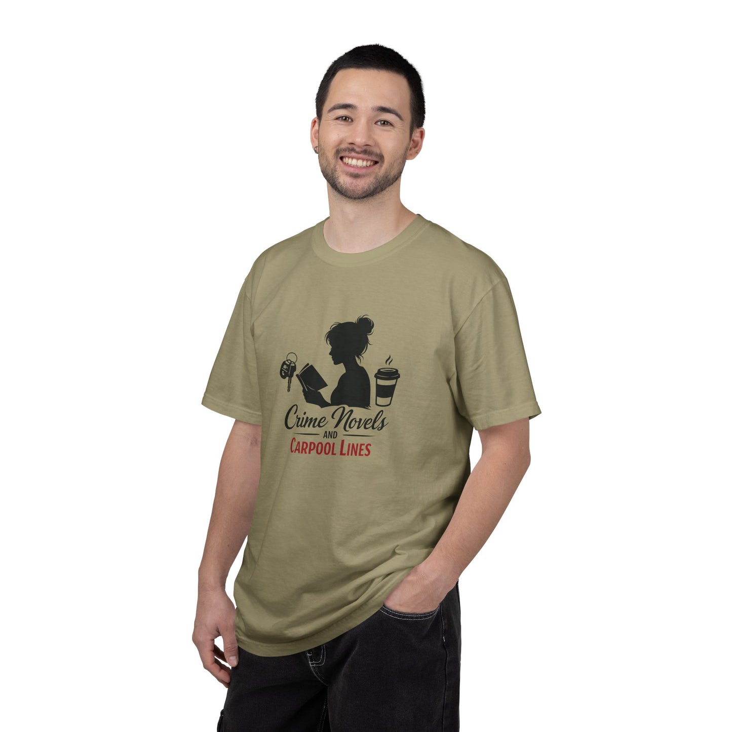 Crime Novels and Carpool Lines T-shirt | Reading Mom Silhouette, Coffee Graphic
